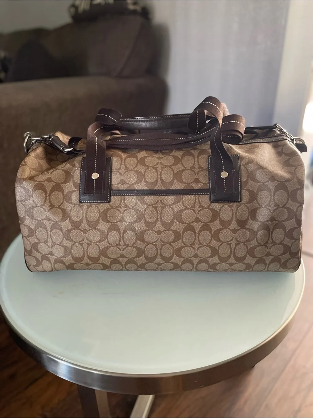 Large Coach Brown Signature Canvas Duffel with Dark Brown Trim